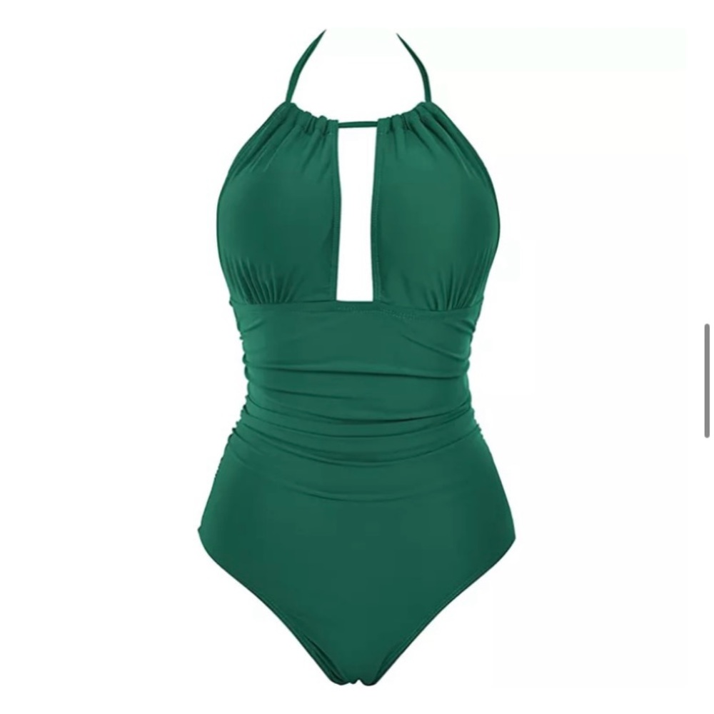 Women’s Green Halter One-Piece Swimsuit - Classic Ruched Design